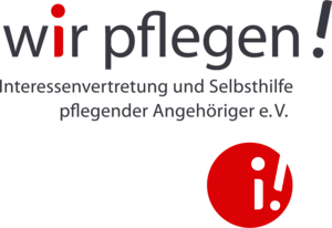 Logo des Vereins 'wir pflegen!'. Der Schriftzug 'wir pflegen!' ist in grau dargestellt, wobei das 'i' rot hervorgehoben ist. Darunter steht in kleinerer, grauer Schrift: 'Interessenvertretung und Selbsthilfe pflegender Angehöriger e.V.'. Unten rechts im Logo befindet sich ein roter Kreis mit einem weißen Ausrufezeichen und einem stilisierten kleinen 'i'."